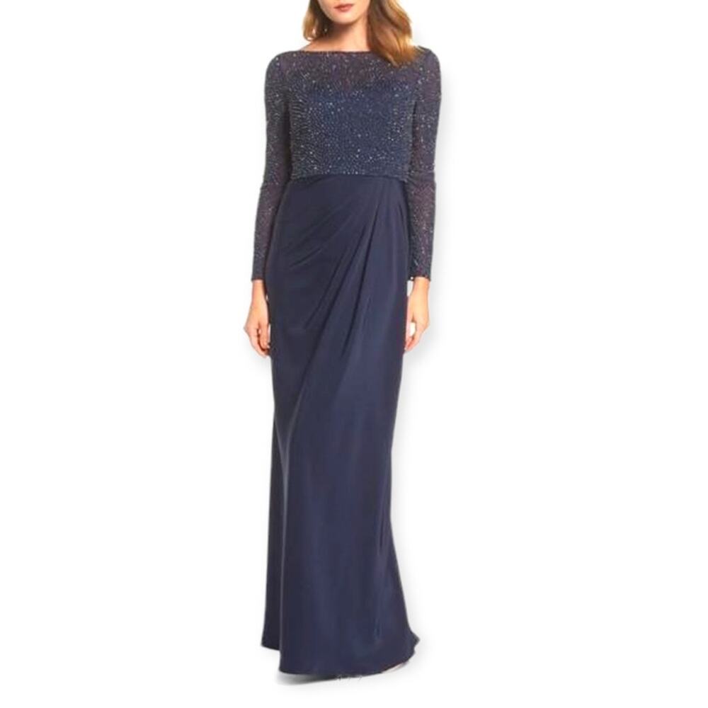La Femme Long Sleeve Navy Blue Beaded Gathered Soft Jersey Dress Size 6 NWT